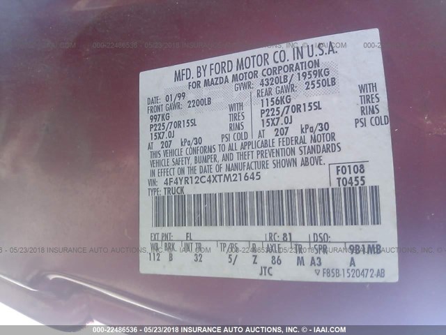 4F4YR12C4XTM21645 - 1999 MAZDA B2500 RED photo 9