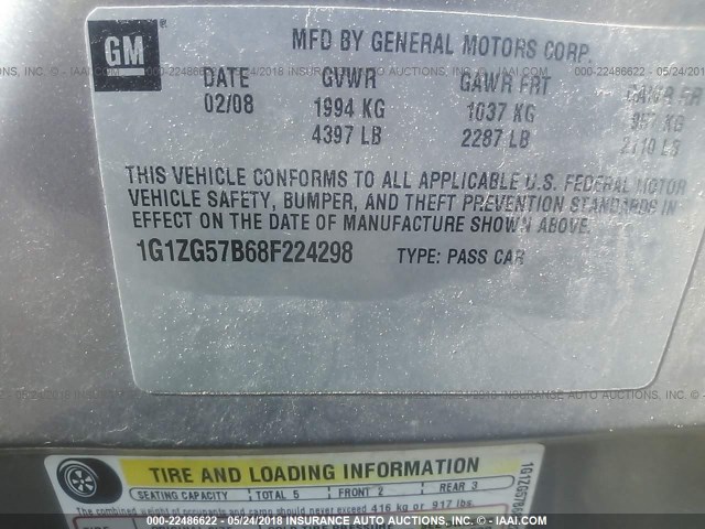 1G1ZG57B68F224298 - 2008 CHEVROLET MALIBU LS ყავისფერი ფოტო 9