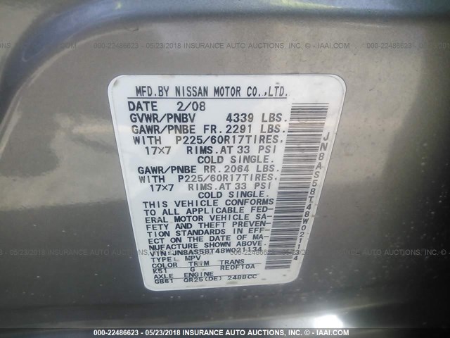 JN8AS58T48W021134 - 2008 NISSAN ROGUE S/SL GRAY photo 9