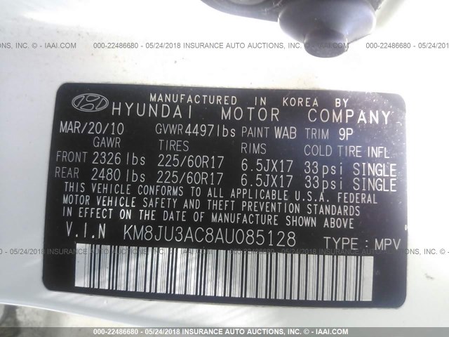 KM8JU3AC8AU085128 - 2010 HYUNDAI TUCSON GLS/LIMITED WHITE photo 9