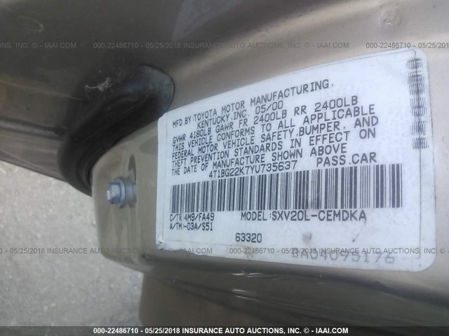 4T1BG22K7YU735637 - 2000 TOYOTA CAMRY CE/LE/XLE 金色 照片 9