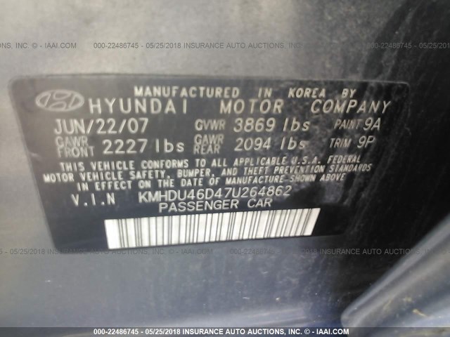 KMHDU46D47U264862 - 2007 HYUNDAI ELANTRA GLS/SE/LIMITED GRAY photo 9