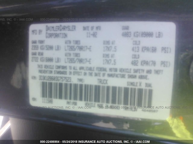 3D3KU28603G757523 - 2003 DODGE RAM 2500 ST/SLT 灰色 照片 9