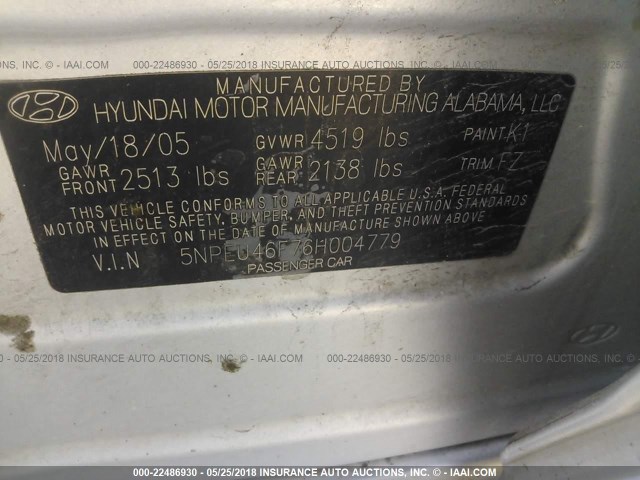 5NPEU46F76H004779 - 2006 HYUNDAI SONATA GLS/LX SILVER photo 9