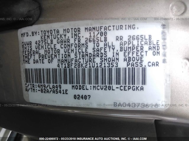 4T1BF28K21U121353 - 2001 TOYOTA CAMRY LE/XLE Kahverengi fotoğraf 9