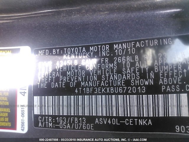 4T1BF3EKXBU672013 - 2011 TOYOTA CAMRY SE/LE/XLE GRAY photo 9