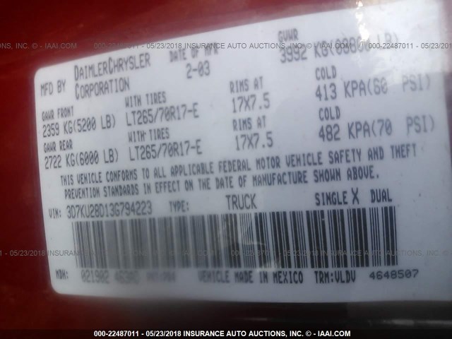 3D7KU28D13G794223 - 2003 DODGE RAM 2500 ST/SLT 红色 照片 9