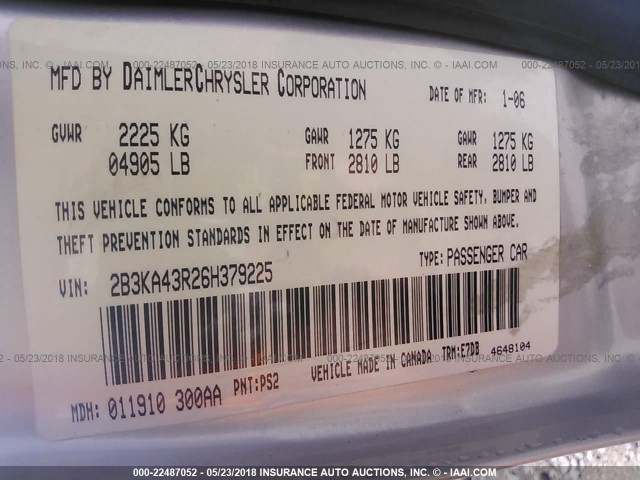 2B3KA43R26H379225 - 2006 DODGE CHARGER SE/SXT SILVER photo 9