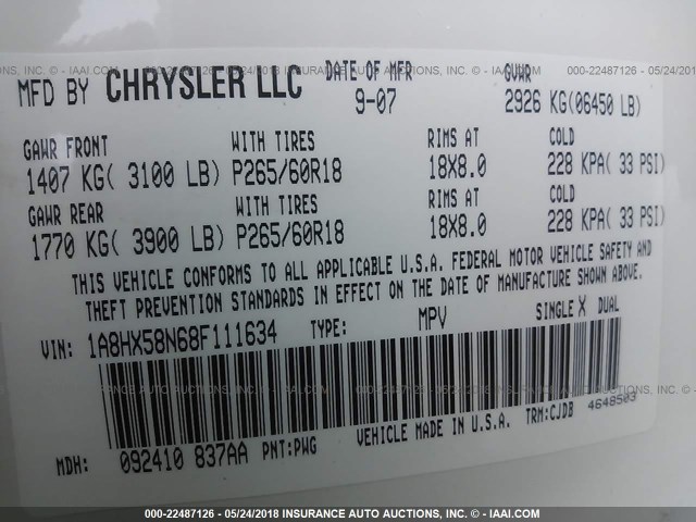 1A8HX58N68F111634 - 2008 CHRYSLER ASPEN LIMITED CREAM photo 9