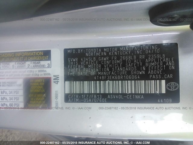 4T4BF3EK6BR106064 - 2011 TOYOTA CAMRY SE/LE/XLE GRAY photo 9