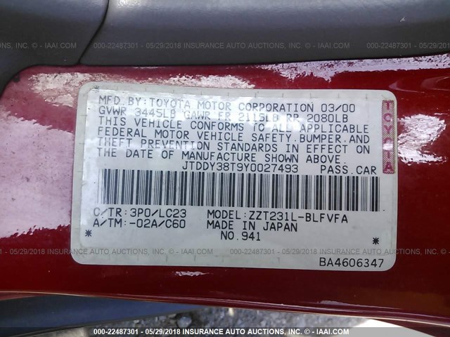 JTDDY38T9Y0027493 - 2000 TOYOTA CELICA GT-S RED photo 9