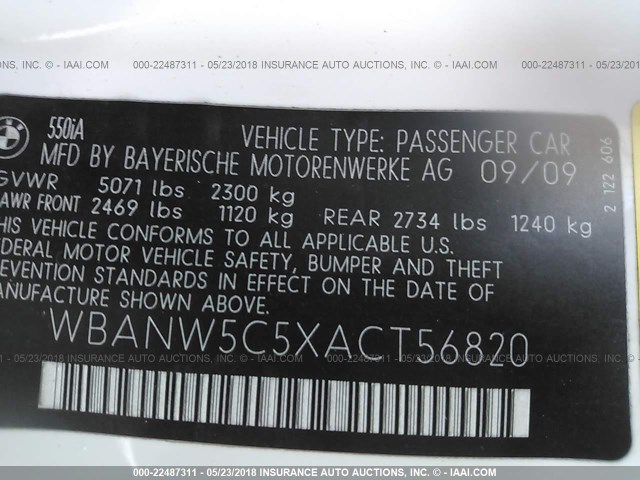 WBANW5C5XACT56820 - 2010 BMW 550 I WHITE photo 9