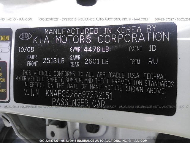 KNAFG528897252151 - 2009 KIA RONDO LX/EX WHITE photo 9