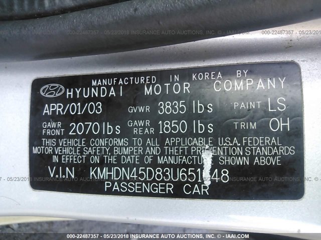 KMHDN45D83U651648 - 2003 HYUNDAI ELANTRA GLS/GT GRAY photo 9