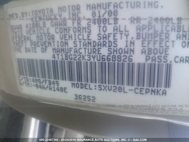 4T1BG22K3YU668826 - 2000 TOYOTA CAMRY CE/LE/XLE GOLD photo 9