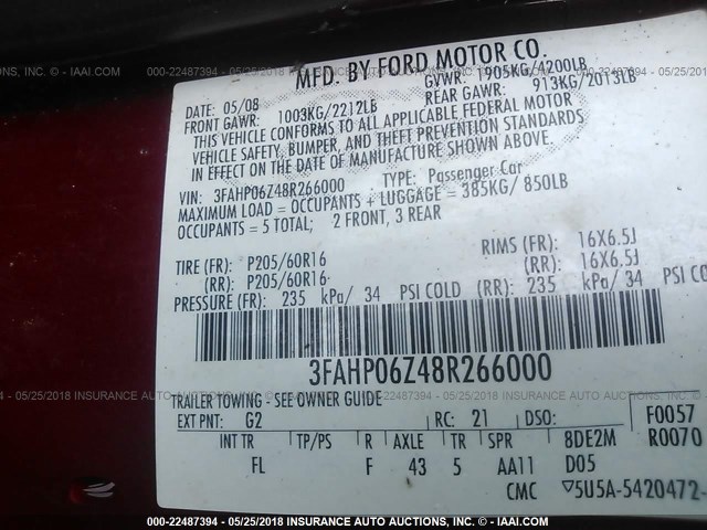 3FAHP06Z48R266000 - 2008 FORD FUSION S RED photo 9