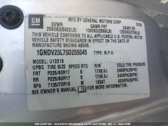 1GNDV23L75D255045 - 2005 CHEVROLET UPLANDER LS SILVER photo 9