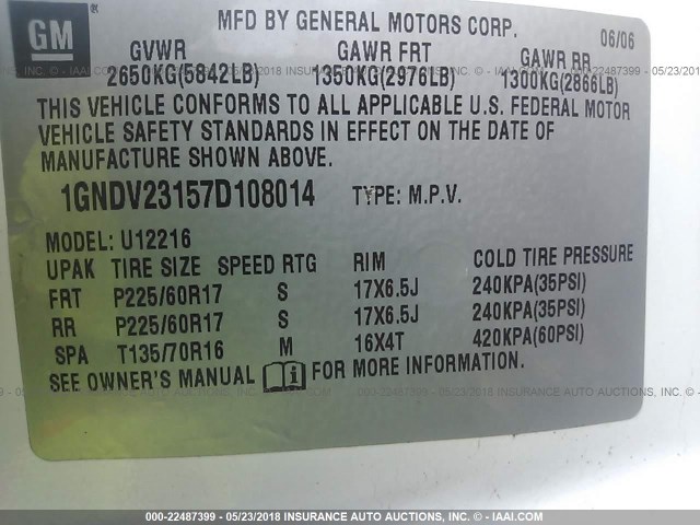 1GNDV23157D108014 - 2007 CHEVROLET UPLANDER LS 白色 照片 9