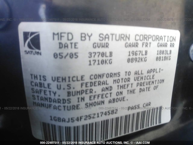 1G8AJ54F25Z174582 - 2005 SATURN ION LEVEL 2 GRAY photo 9