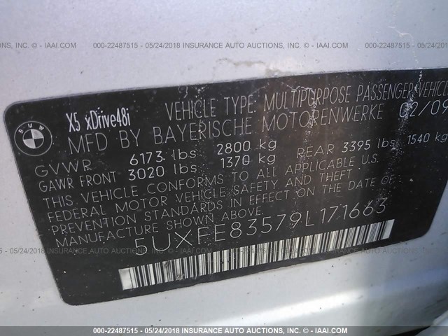 5UXFE83579L171663 - 2009 BMW X5 XDRIVE48I SILVER photo 9