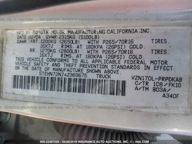 5TEHN72N74Z369675 - 2004 TOYOTA TACOMA DOUBLE CAB ვერცხლისფერი ფოტო 9