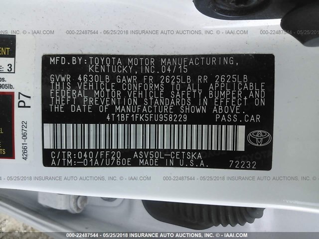 4T1BF1FK5FU958229 - 2015 TOYOTA CAMRY LE/XLE/SE/XSE WHITE photo 9