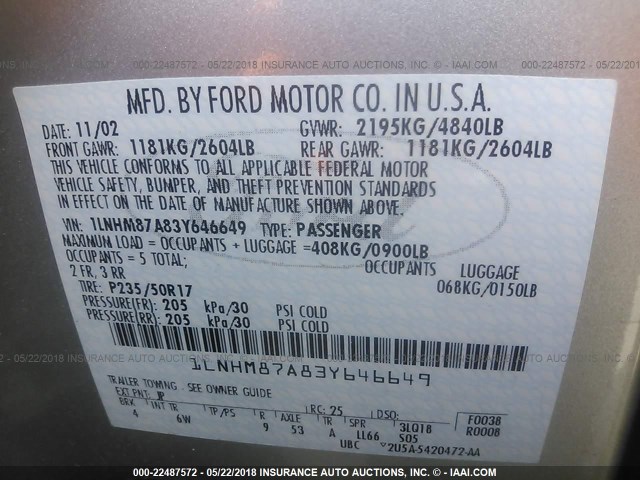 1LNHM87A83Y646649 - 2003 LINCOLN LS Gümüş foto 9