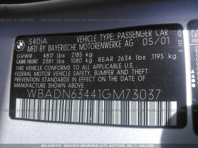 WBADN63441GM73037 - 2001 BMW 540 I AUTOMATIC SILVER photo 9