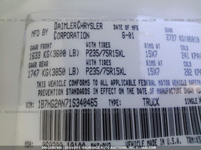 1B7HG2AN71S340465 - 2001 DODGE DAKOTA QUAD WHITE photo 9