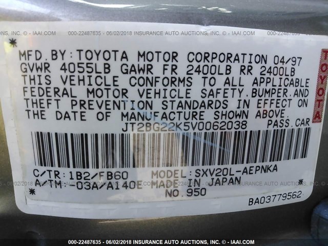 JT2BG22K5V0062038 - 1997 TOYOTA CAMRY LE/XLE BEIGE photo 9