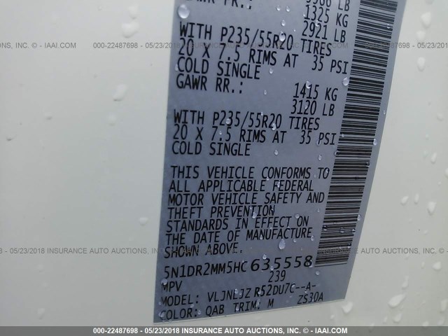 5N1DR2MM5HC635558 - 2017 NISSAN PATHFINDER S/SV/SL/PLATINUM 白色 照片 9