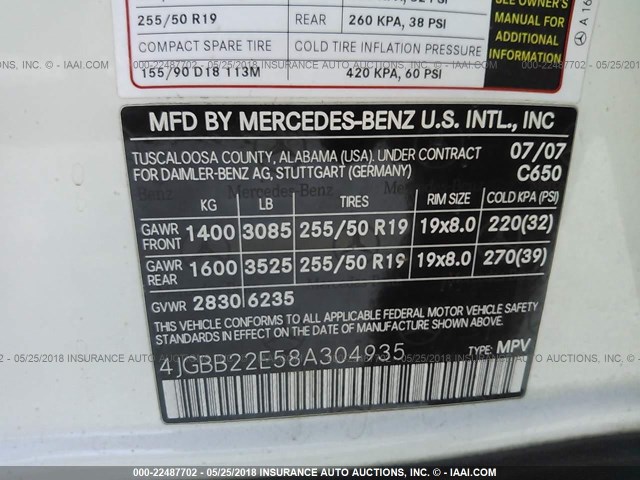 4JGBB22E58A304935 - 2008 MERCEDES-BENZ ML 320 CDI WHITE photo 9