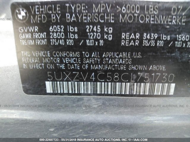 5UXZV4C58CL751730 - 2012 BMW X5 XDRIVE35I Boz foto 9