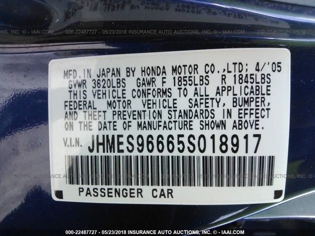 JHMES96665S018917 - 2005 HONDA CIVIC HYBRID BLUE photo 9