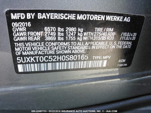 5UXKT0C52H0S80165 - 2017 BMW X5 XDR40E GRAY photo 9