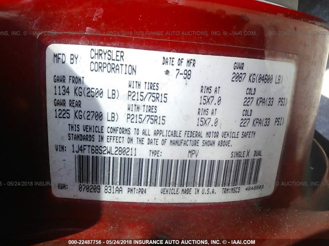 1J4FT68S2WL280211 - 1998 JEEP CHEROKEE SPORT/CLASSIC წითელი ფოტო 9