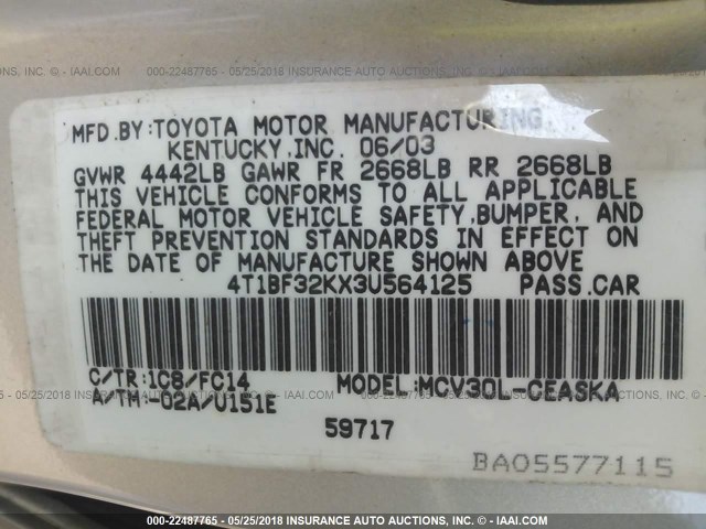 4T1BF32KX3U564125 - 2003 TOYOTA CAMRY LE/XLE/SE SILVER photo 9