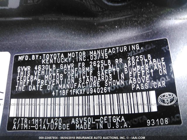 4T1BF1FKXFU940261 - 2015 TOYOTA CAMRY LE/XLE/SE/XSE GRAY photo 9