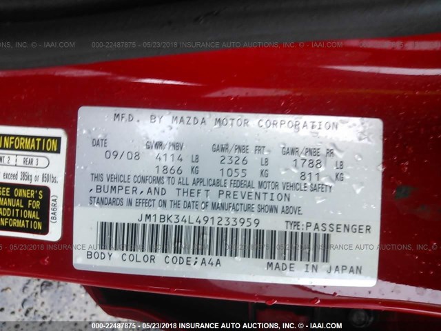 JM1BK34L491233959 - 2009 MAZDA SPEED 3 RED photo 9