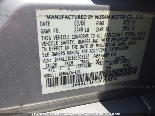 1N4AL11D16C206122 - 2006 NISSAN ALTIMA S/SL SILVER photo 9