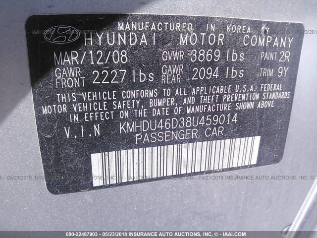 KMHDU46D38U459014 - 2008 HYUNDAI ELANTRA GLS/SE/LIMITED SILVER photo 9