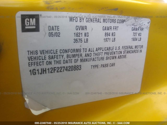 1G1JH12F227420883 - 2002 CHEVROLET CAVALIER LS SPORT YELLOW photo 9