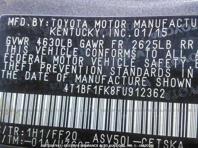 4T1BF1FK8FU912362 - 2015 TOYOTA CAMRY LE/XLE/SE/XSE GRAY photo 9