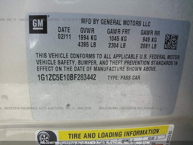 1G1ZC5E10BF283442 - 2011 CHEVROLET MALIBU 1LT GOLD photo 9