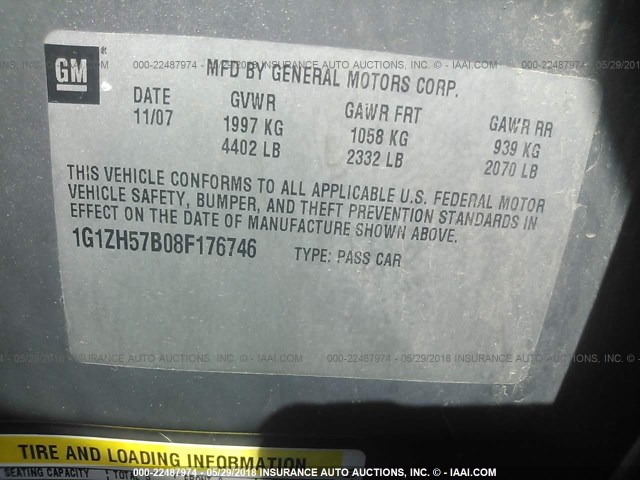 1G1ZH57B08F176746 - 2008 CHEVROLET MALIBU 1LT GRAY photo 9