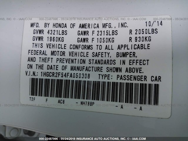 1HGCR2F54FA050308 - 2015 HONDA ACCORD SPORT 白色 照片 9