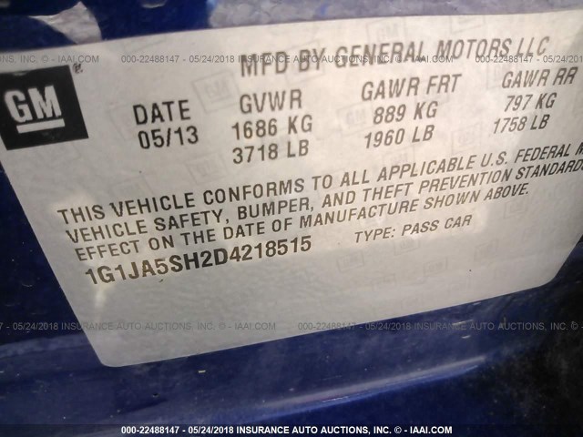 1G1JA5SH2D4218515 - 2013 CHEVROLET SONIC LS 蓝色 照片 9