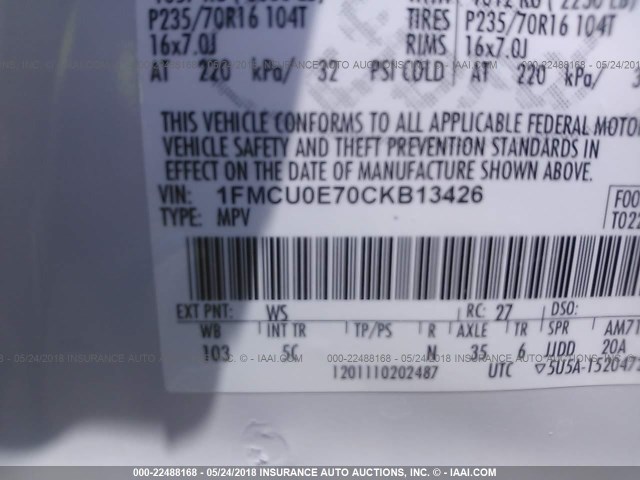 1FMCU0E70CKB13426 - 2012 FORD ESCAPE LIMITED WHITE photo 9