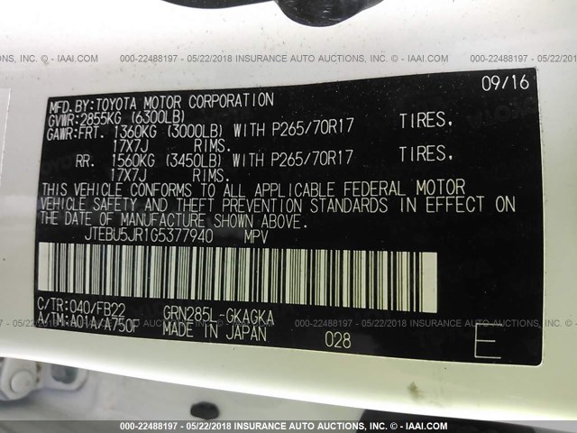 JTEBU5JR1G5377940 - 2016 TOYOTA 4RUNNER SR5 PREM/LTDL/TRAIL/TRD WHITE photo 9