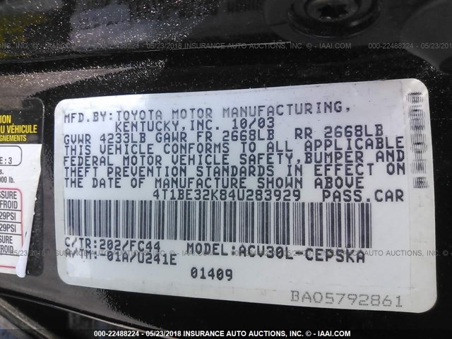 4T1BE32K84U283929 - 2004 TOYOTA CAMRY LE/XLE/SE Қара фото 9